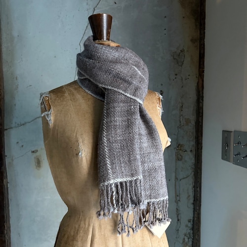 PUENTE／プエンテ　手紡ぎアルパカ手織りマフラー　#RM-15 杢ブラウン/ラインホワイト