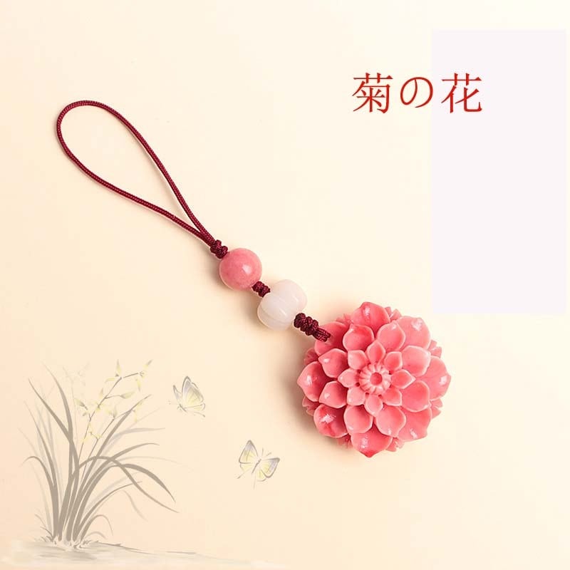 チャイナ風飾り物 つりひも 携帯用 カバン用 プレゼント キーホルダー 菊 ボタン ピンク Elegant