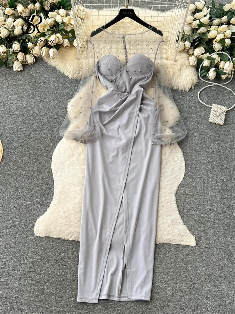 Sing補強-女性の長袖イブニングドレス、エレガントなパーティードレス、メッシュパッチワーク、透明なパッチワーク、ヴィンテージスプリット、シックなイブニングドレス_484