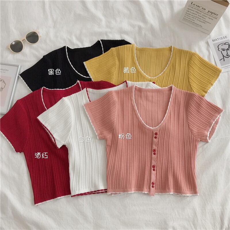 2020年夏の新しいスリムなスリミングと遊び心のある短いアンビリカルデザイン、小さくて新鮮な半袖セーターの女子学生 YY-ファッション5878876544