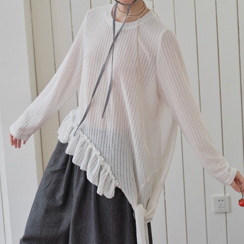 2色／サイドリボンリブフリルトップス ・8634