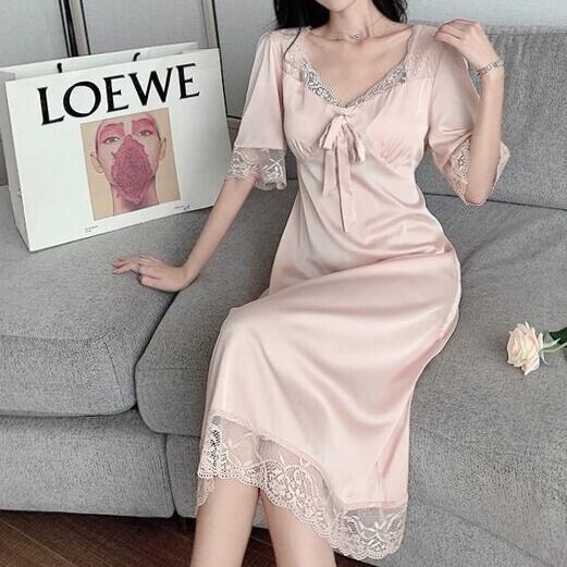 サテンネグリジェロングシャツ[Black,Pink,White]