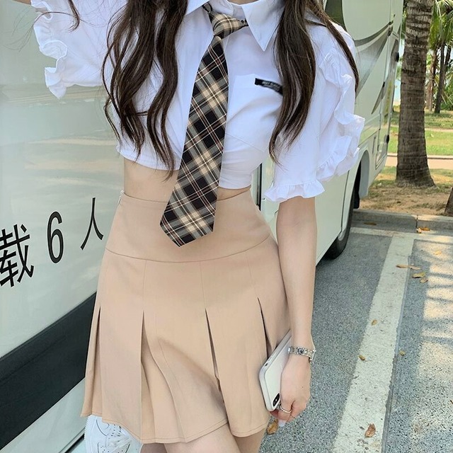 制服風 シャツ プリーツスカート フリルスリーブ スタイルアップ 着回し ガーリー 学生 セットアップ Sunrise0911
