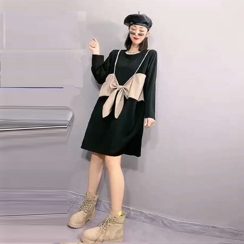 2020秋の人気の新しい大きいサイズの女性のちょう結びのカジュアルなTシャツのスカートは薄い、長袖のドレスです ミックスインファッション34311709171