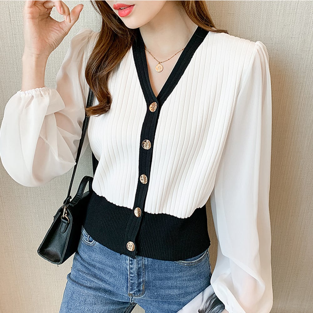 シフォン ニット レディース 春秋 袖切り替え 韓国 トップス きれいめ 大人 かわいい おしゃれ カーディガン パフスリーブ リブニット 透け感 大人可愛い 大人女子