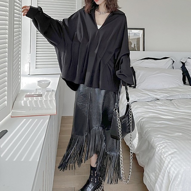 Irregular fringe hem midi skirt C0173