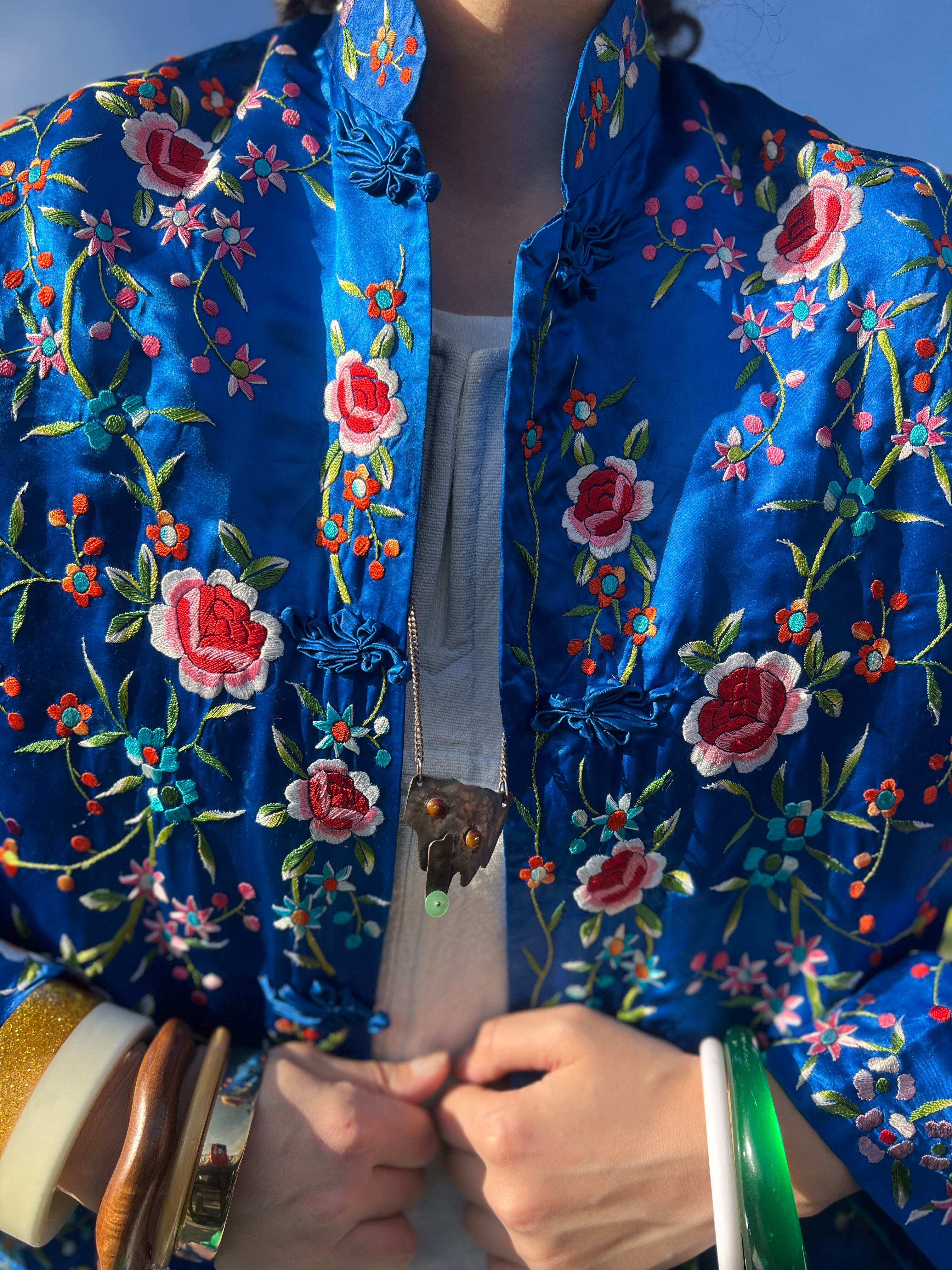 80s chinese royal blue × floral embroidery long jacket