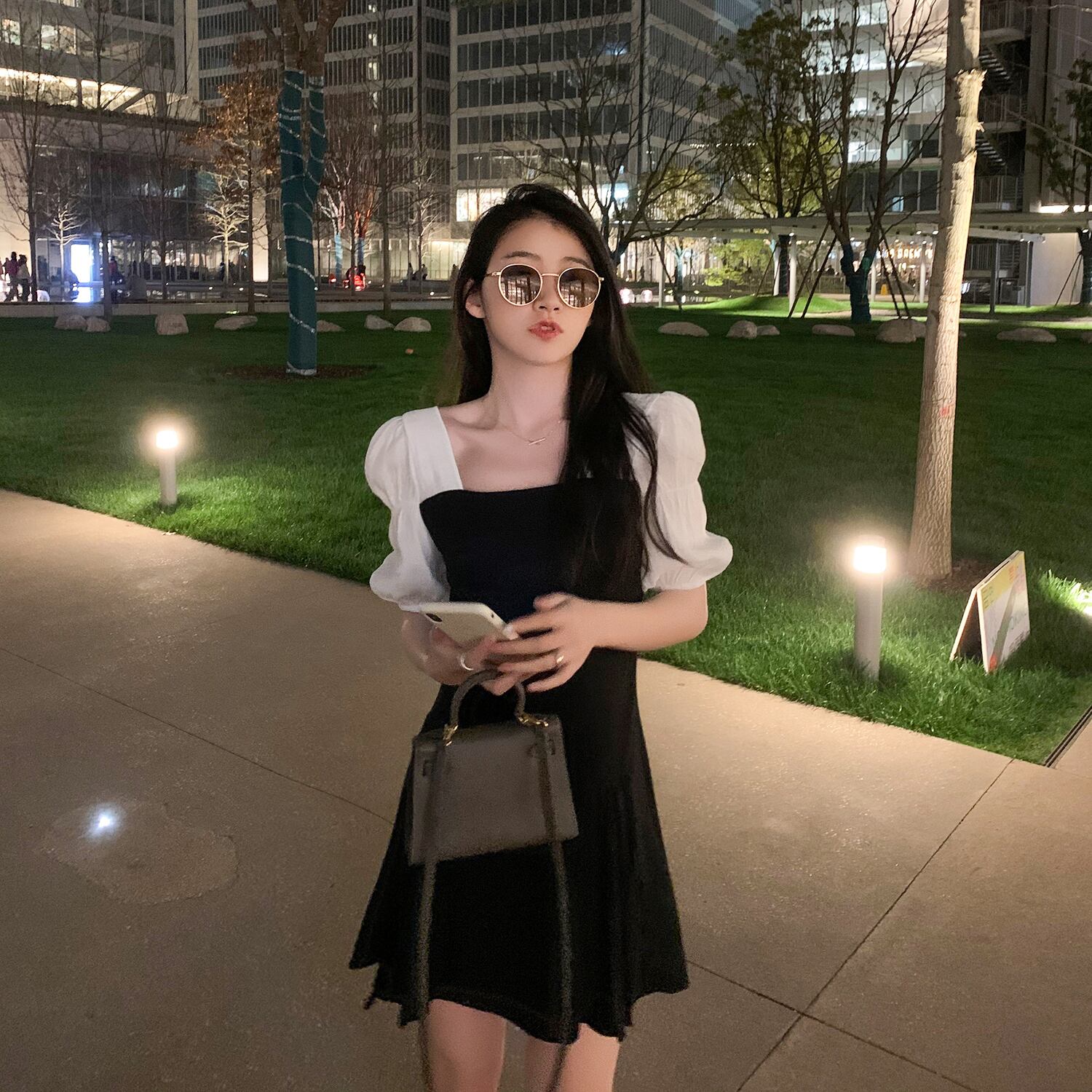 スリーブスタイルドレス スプリングサマースタンダードウェスト薄手ブラック レトロ 春物 夏物 スクウェア 6Du_Shop_Women87139185457