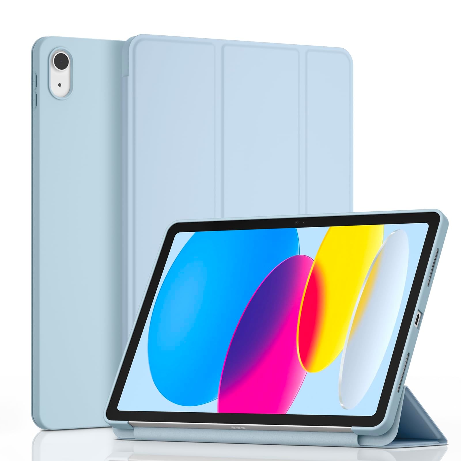 iPad 11世代A16(2025)/10世代(2022) ケース 三つ折りスタンド 軽薄 軽量 オートスリープ機能対応 落下防止 安心保護 (水色)