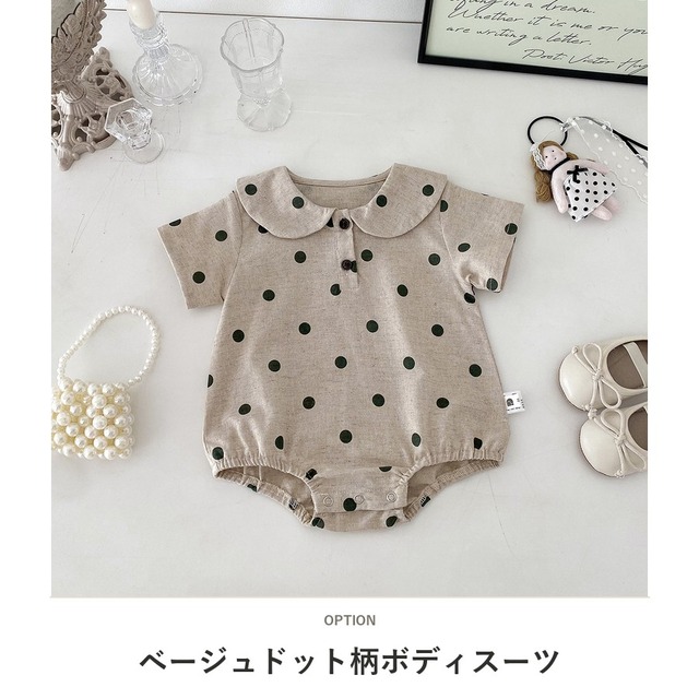 【BABY】ドット柄丸襟ボタン半袖ベビーロンパース - 2