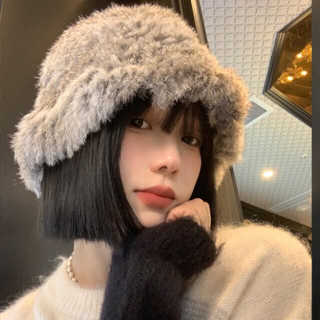 ハット バケットハット レディース ラビットファー 帽子 冬 小顔効果 もふもふ ふわふわ 秋冬 あたたかい カラバリ豊富 グレー/ホワイト/ベージュ/モカ/ブラウン/ブルー/イエロー/ブラック