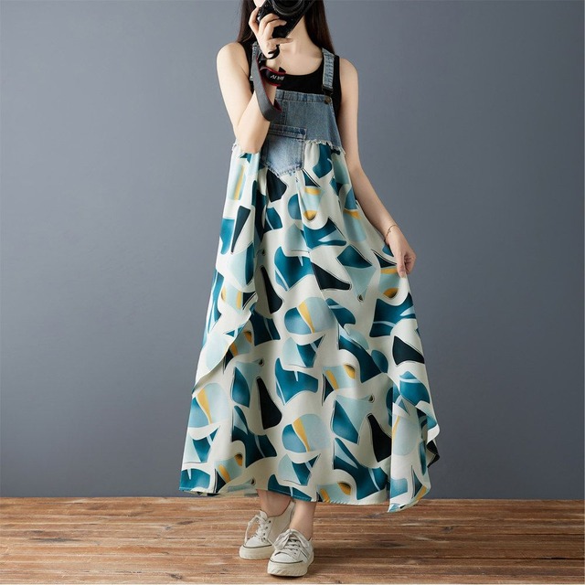 RUFFLE CHIFFON PRINT DENIM MIDI SUSPENDER DRESS M-17313