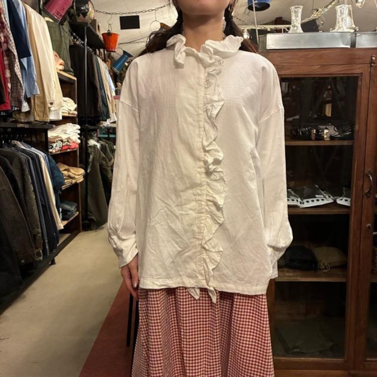 ICHI Peach Washer Frill Shirt, White, Natural Cotton, Women's Blouse, Knit Shirt, Layering Shirt, Long Sleeve