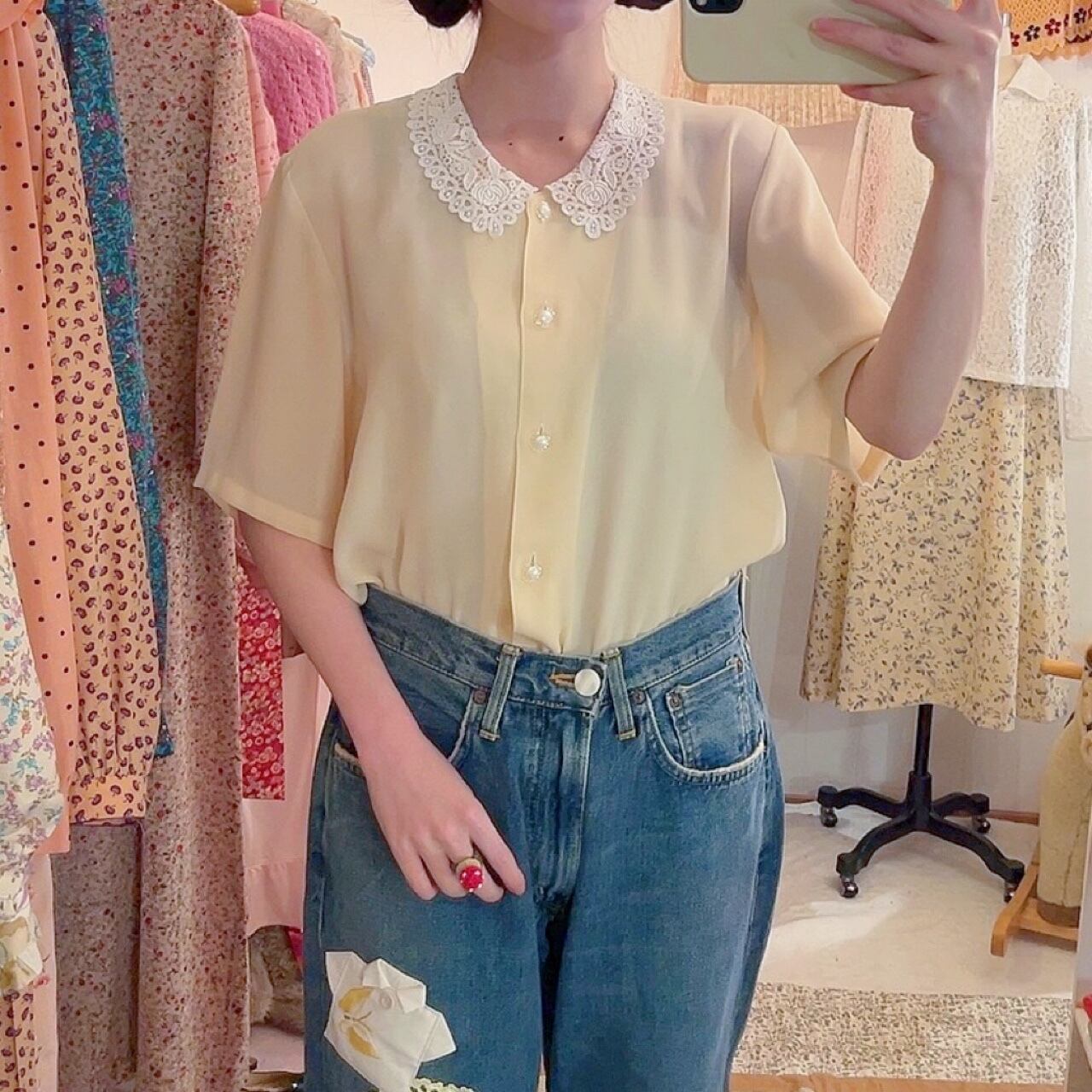 scallop lace collar cream blouse