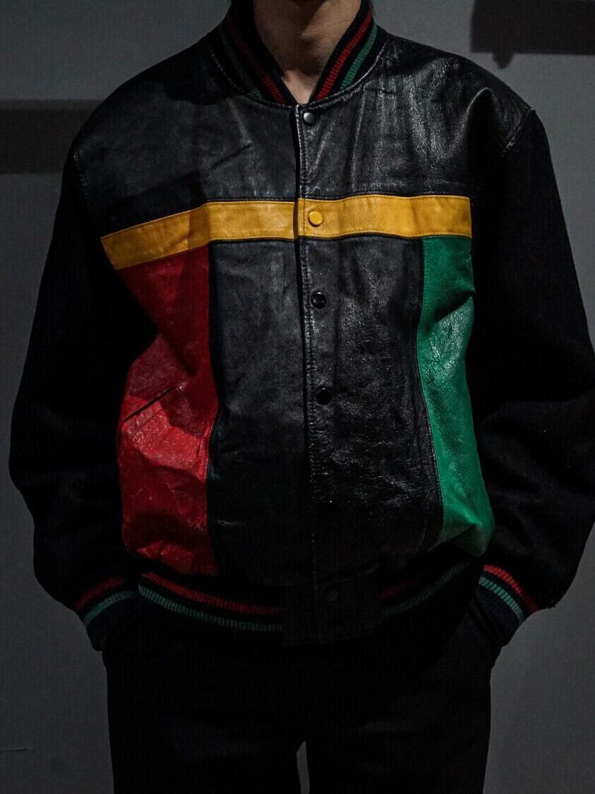 add (C) vintage】Rasta Color Leather×Wool Vintage Loose Stadium 