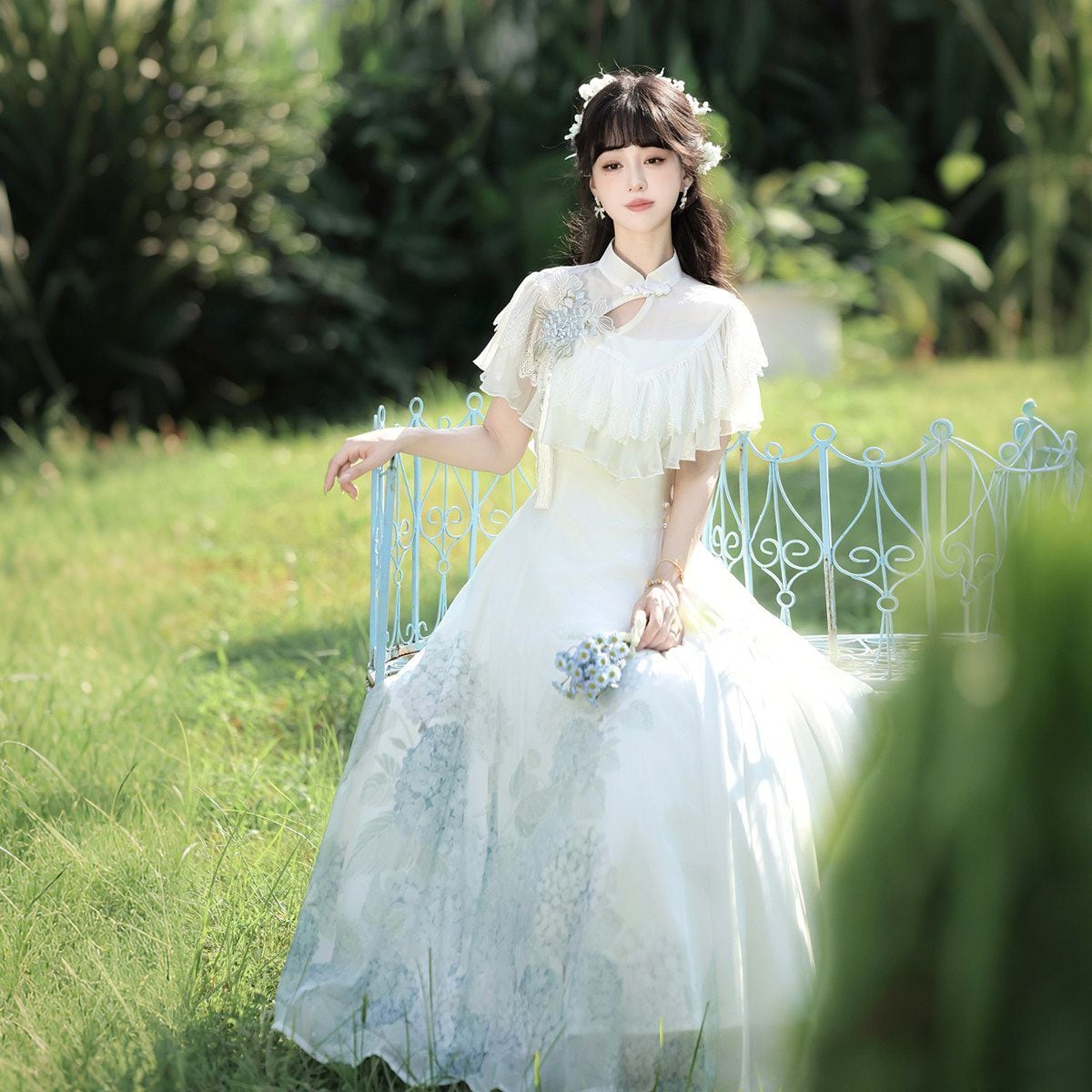 月白紫陽花フリルロングドレス | Maiden's Rêve