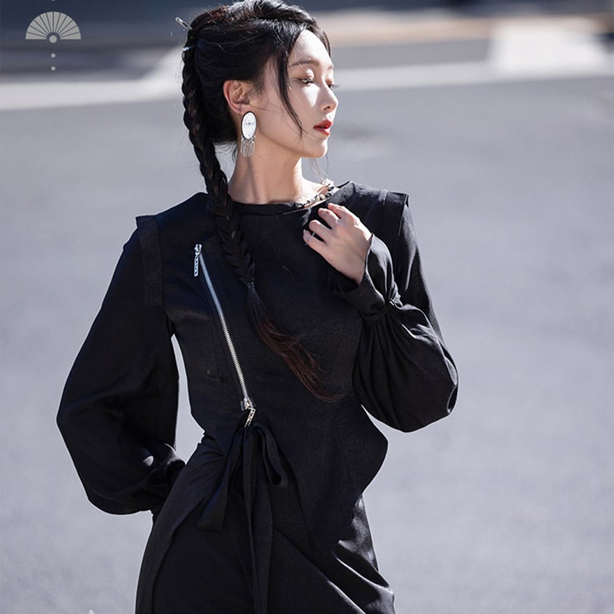 チャイナ風 シャツ アシンメトリー 大人ゴシック 黒 白 20代 30代ファッション