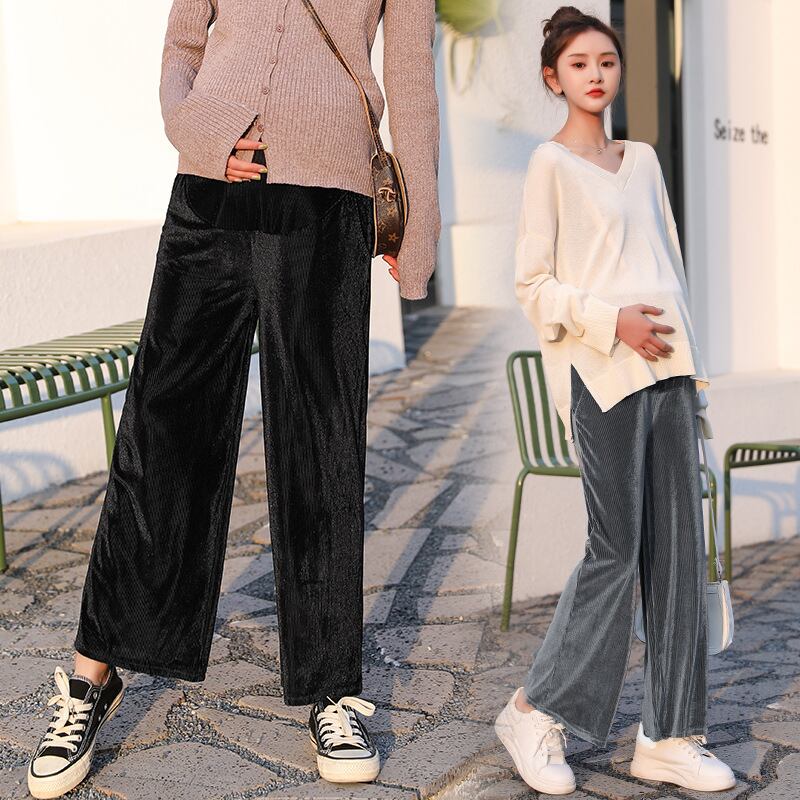 【新作】【送料無料】 マタニティウェア2020秋冬の新しいゴールドベルベットワイドレッグパンツ、トレンディな母親は妊婦のベリーリフトクロップドパンツを着用 オータム 秋物 ウィンター 冬物 expec281819391894