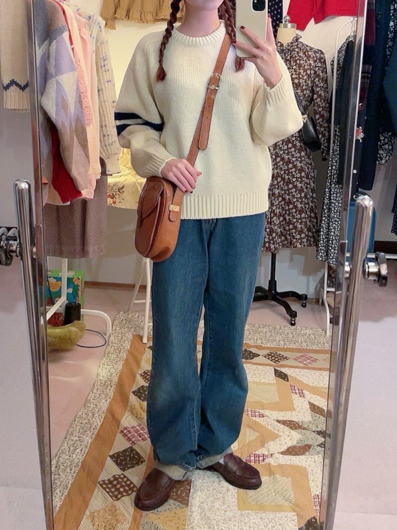 navy double line crew neck sweater