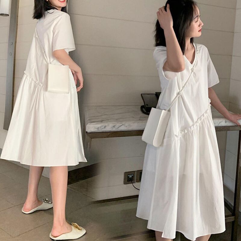 【新作】【送料無料】 6033＃サマーホワイトコットンマタニティストレートドレスゆったりとした服妊娠中の女性妊娠 夏物 AL expec386135837938