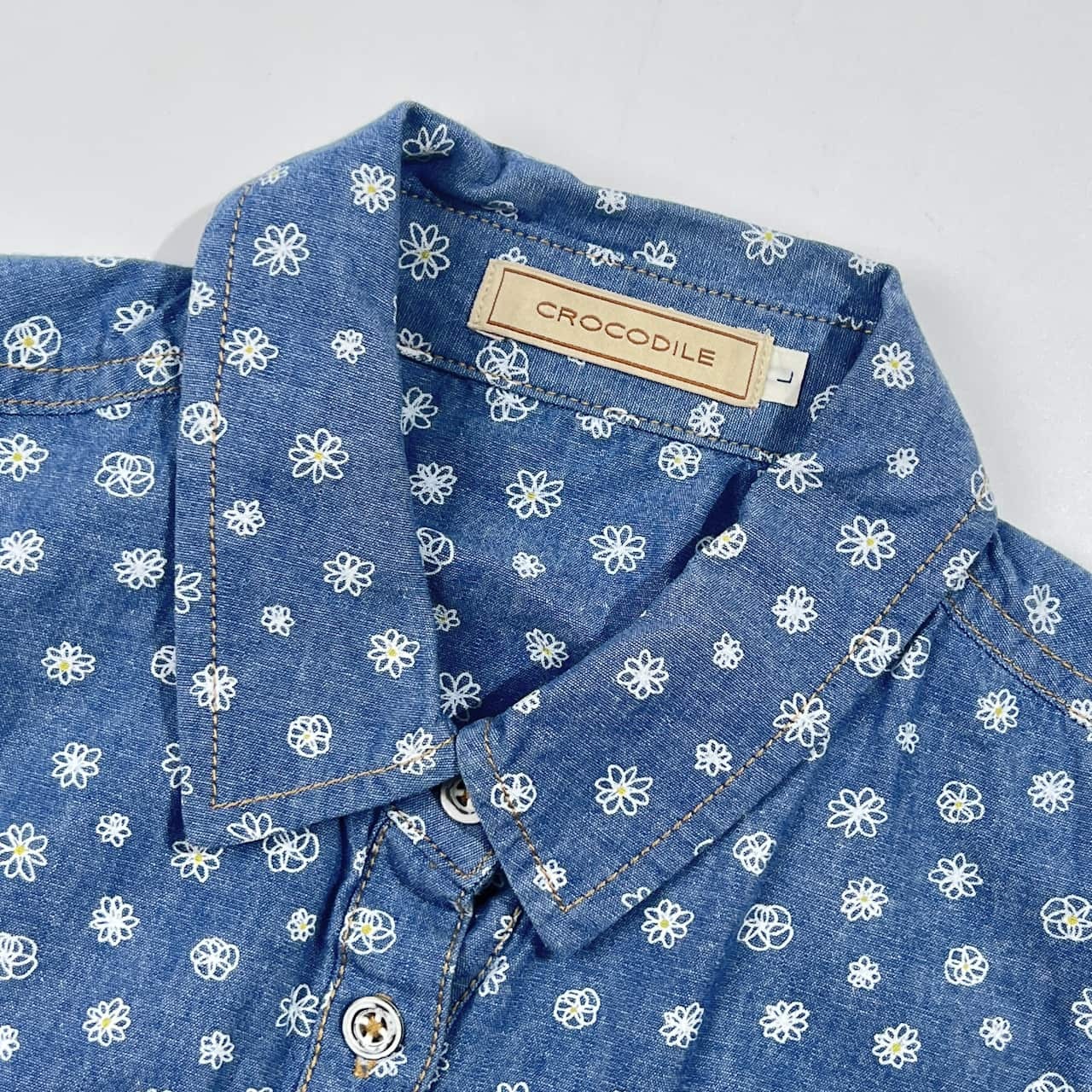 CROCODILE クロコダイル 花柄 総柄 シャンブレー 長袖シャツ Lブルー系 レディース