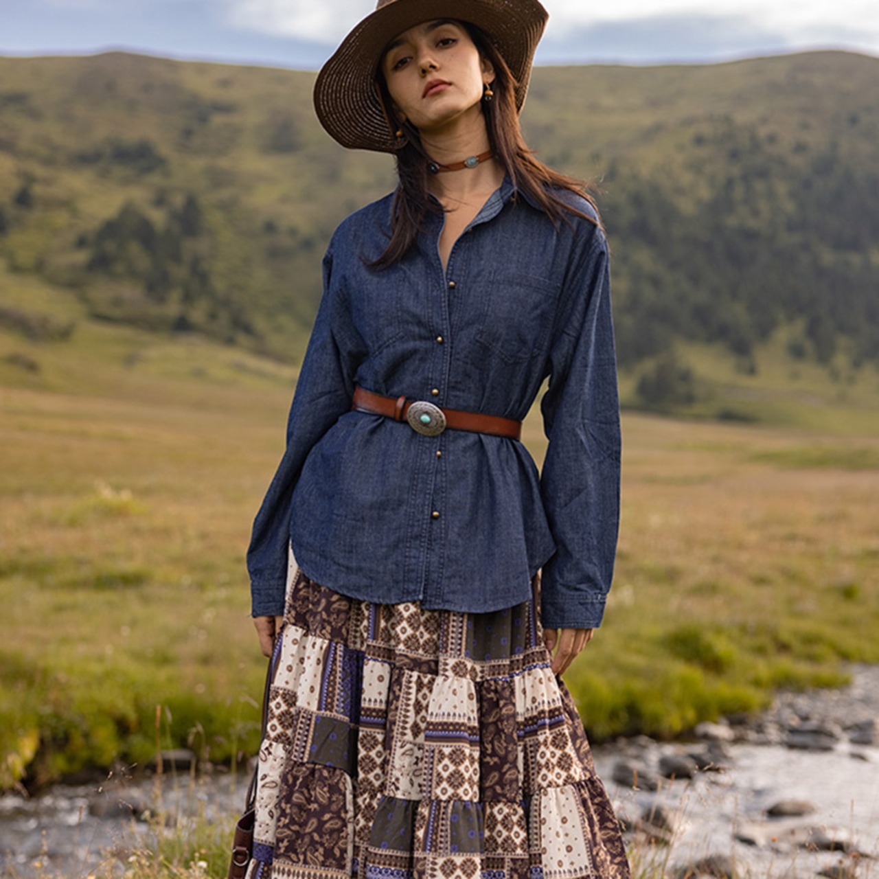 サブカル系 地雷 民族調 長袖シャツ デニムシャツ ウエスタン レトロ  