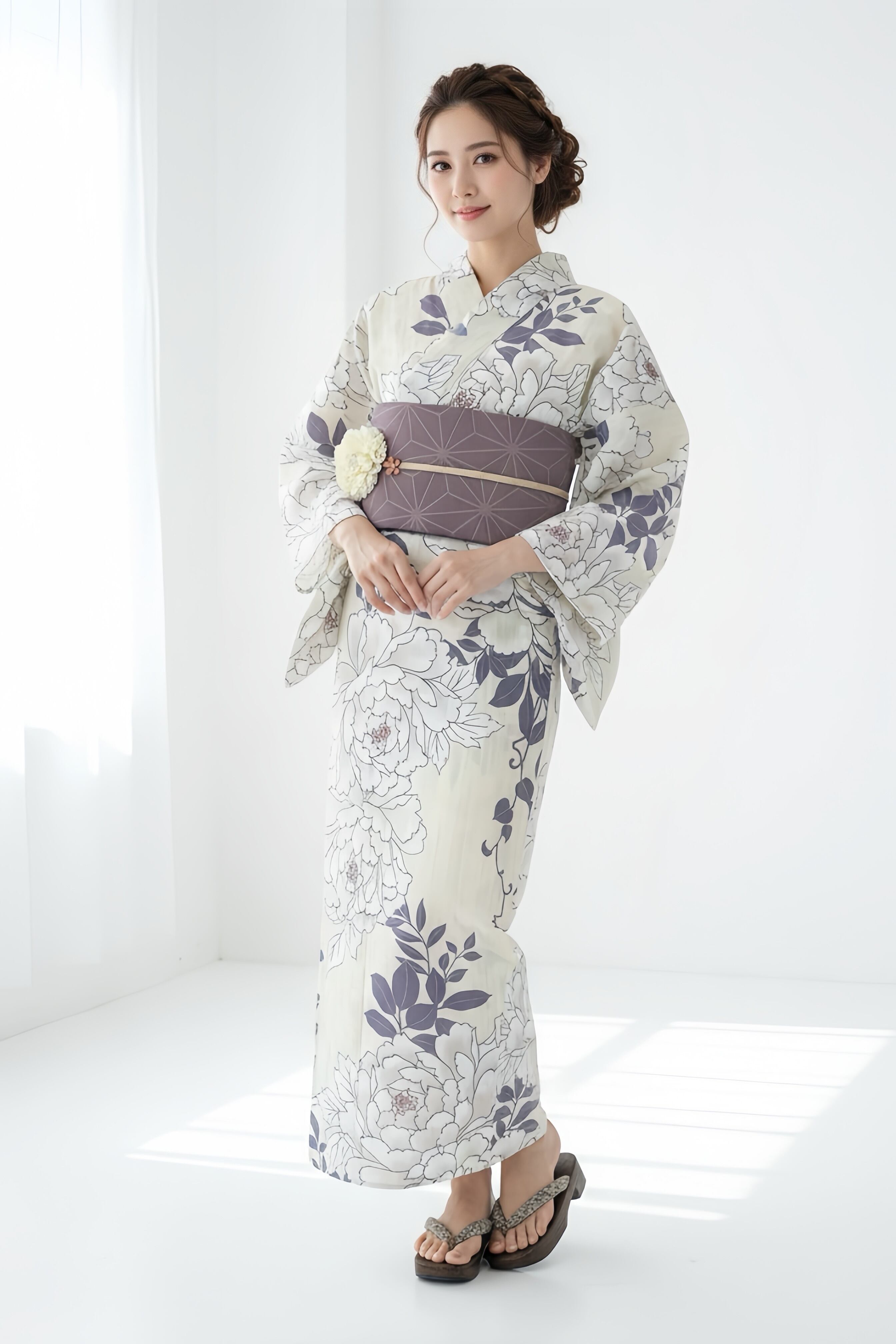 浴衣ジェンヌ 浴衣5点セット クリーム 生成り 花柄 ポリエステル ゆかた 半幅帯 浴衣