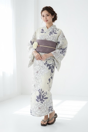 浴衣ジェンヌ 浴衣5点セット クリーム 生成り 花柄 ポリエステル ゆかた 半幅帯 浴衣