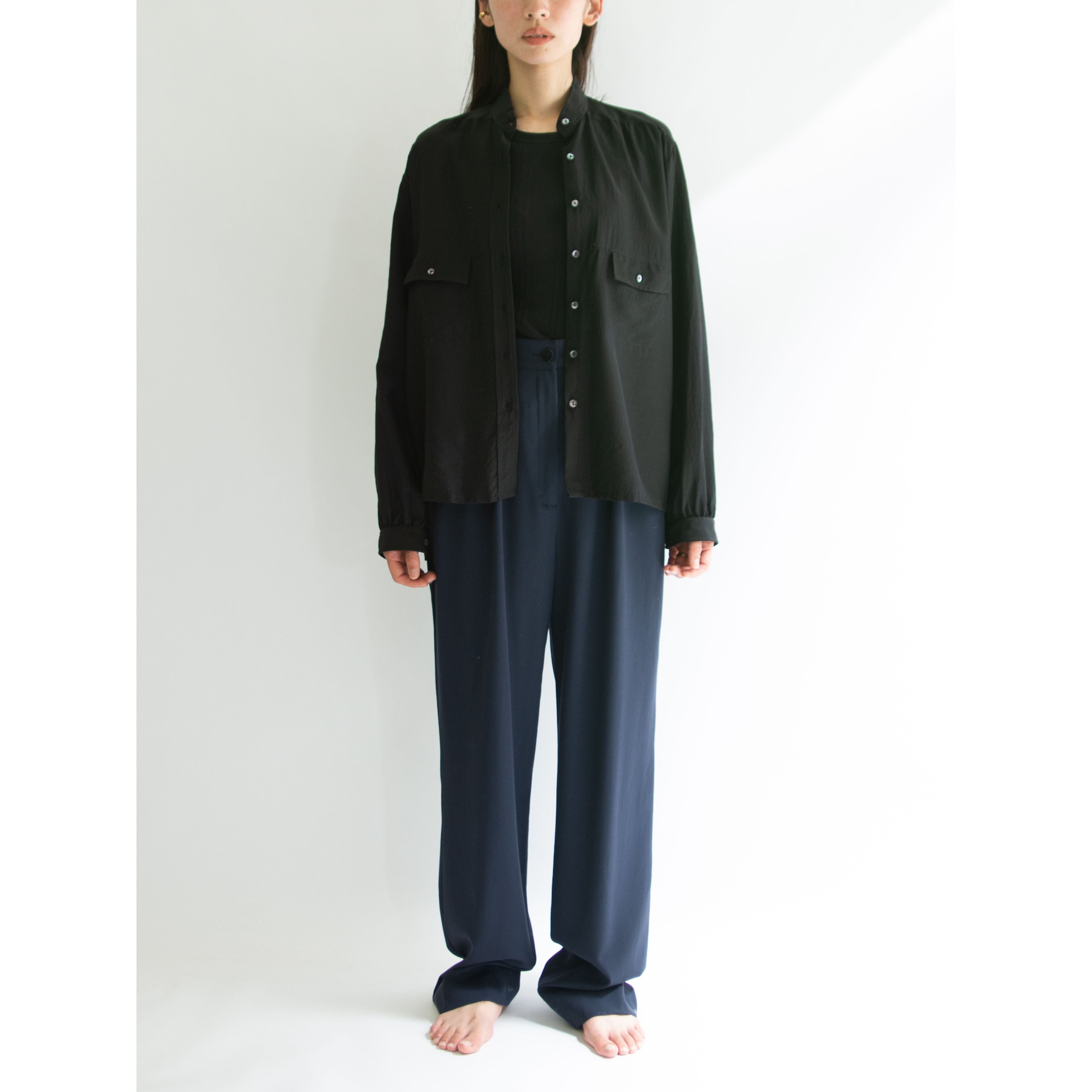 【Valentino Garavani】Made in France Wool-Silk Band Collar Blouse(ヴァレンティノガラヴァーニ フランス製ウールシルクバンドカラーブラウス 長袖シャツ)