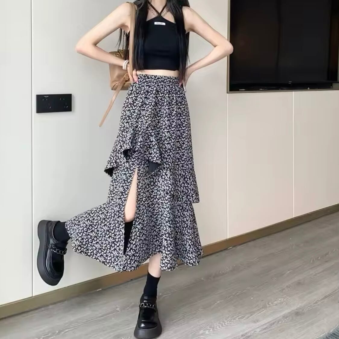 フリルフラワースリットスカート