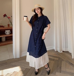 大きいサイズ 新品 春夏 チェック柄 ロング ワンピース ネイビー 　半袖