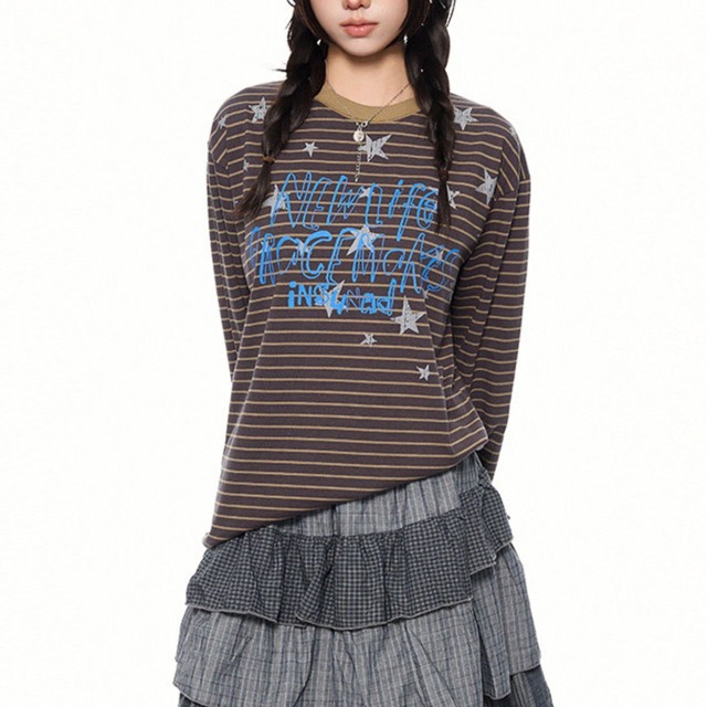 スターピンストライプレタリングロングスリーブTシャツ 2col   R02565