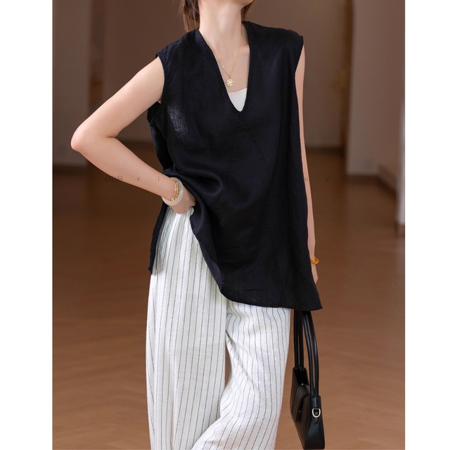 Aライン ノースリーブ Vネック チュニック 4color  00223
