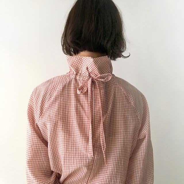 High neck gather blouse "red graph check" khadi cotton