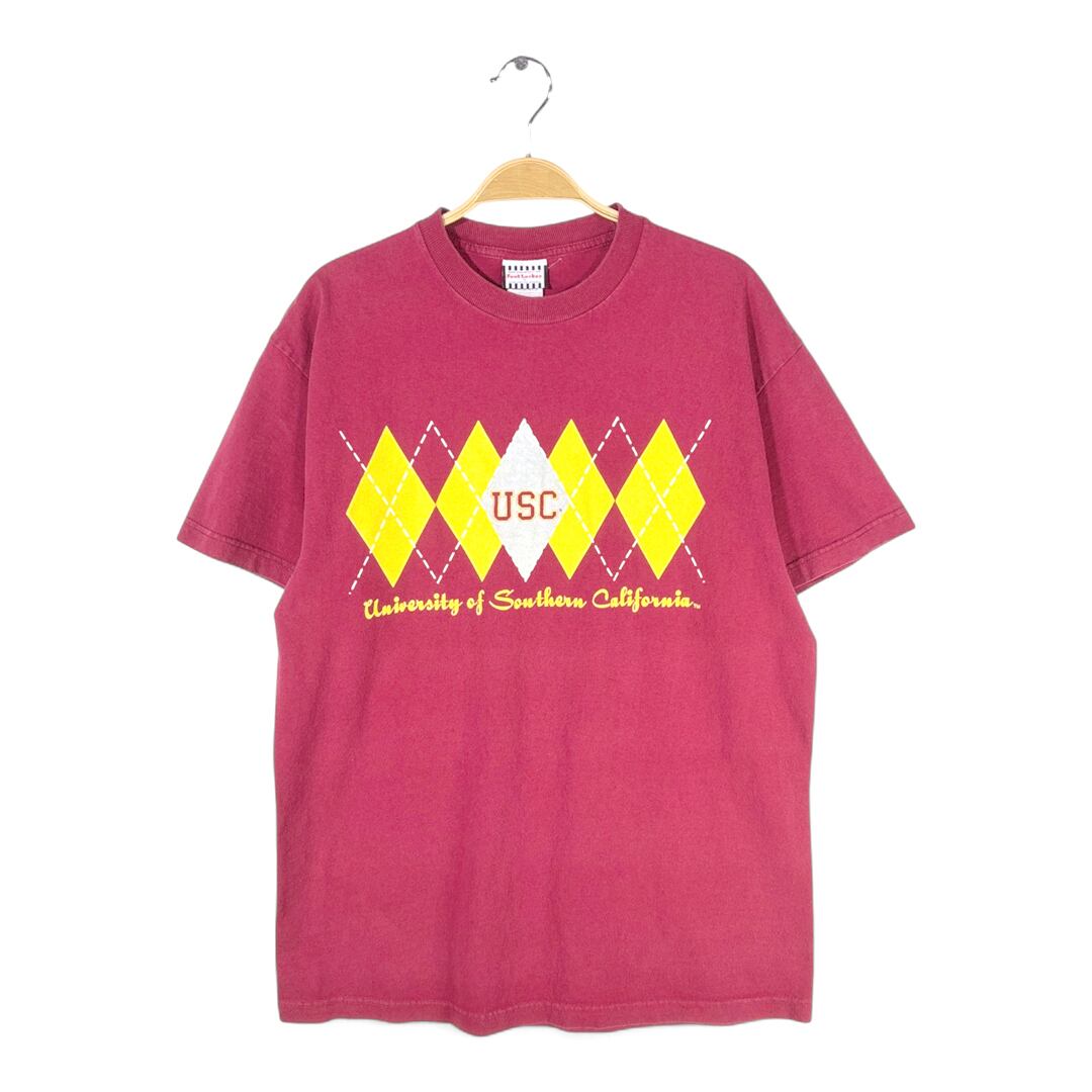 90s フットロッカー USA製 ヴィンテージTシャツ 南カリフォルニア大学 アーガイル柄 USC カレッジ バーガンディー サイズL 古着 @BZ0490