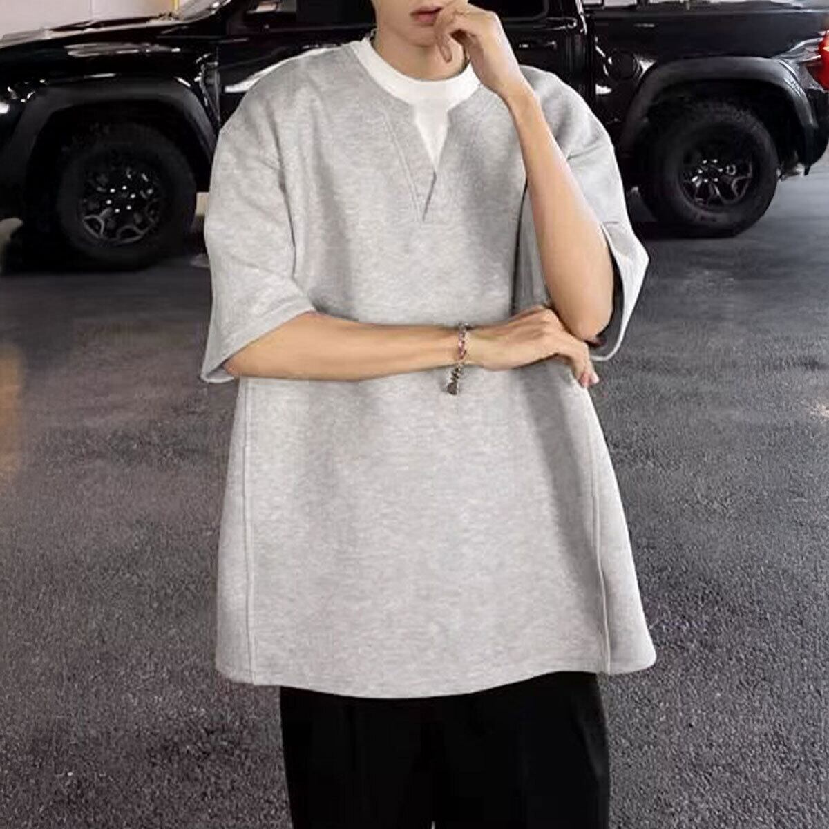 レイヤード風 半袖 Tシャツ メンズ レディース 春夏秋 韓国 トップス 大人 カジュアル シンプル 重ね着 ゆったり オーバーサイズ 無地 フェイクレイヤード 大人可愛い 大人女子