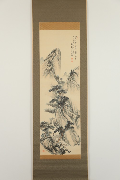 田近竹村　渓橋曳杖図　共箱　掛軸