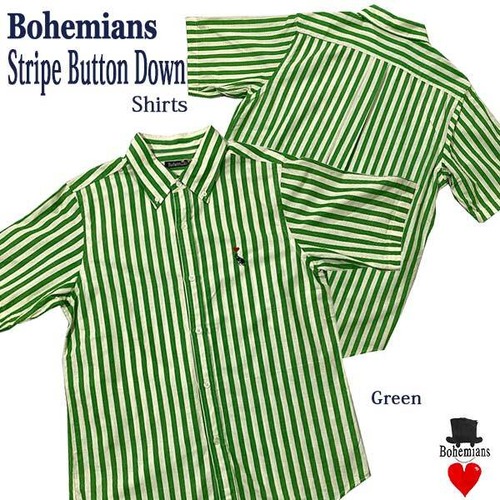 STRIPE BUTTON DOWN SHORT SLEEVE SHIRTS GREEN ストライプ ボタンダウン 半袖シャツ グリーン BOHEMIANS ボヘミアンズ 日本製