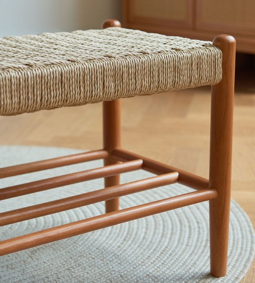 ペーパーコード編みベンチ 天然木 シューズラック 玄関ベンチ 収納付き 北欧風 ナチュラル