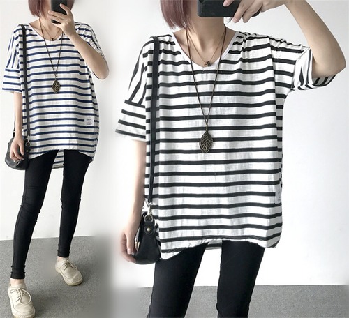 送料無料 半袖Tシャツ ボーダー柄 レディース Tシャツ 春夏 カットソー クルーネック ゆったりTシャツ 縞柄 マリンセーラー ラウンドネック ブラック ライトブルー ダークブルー グレー フリー