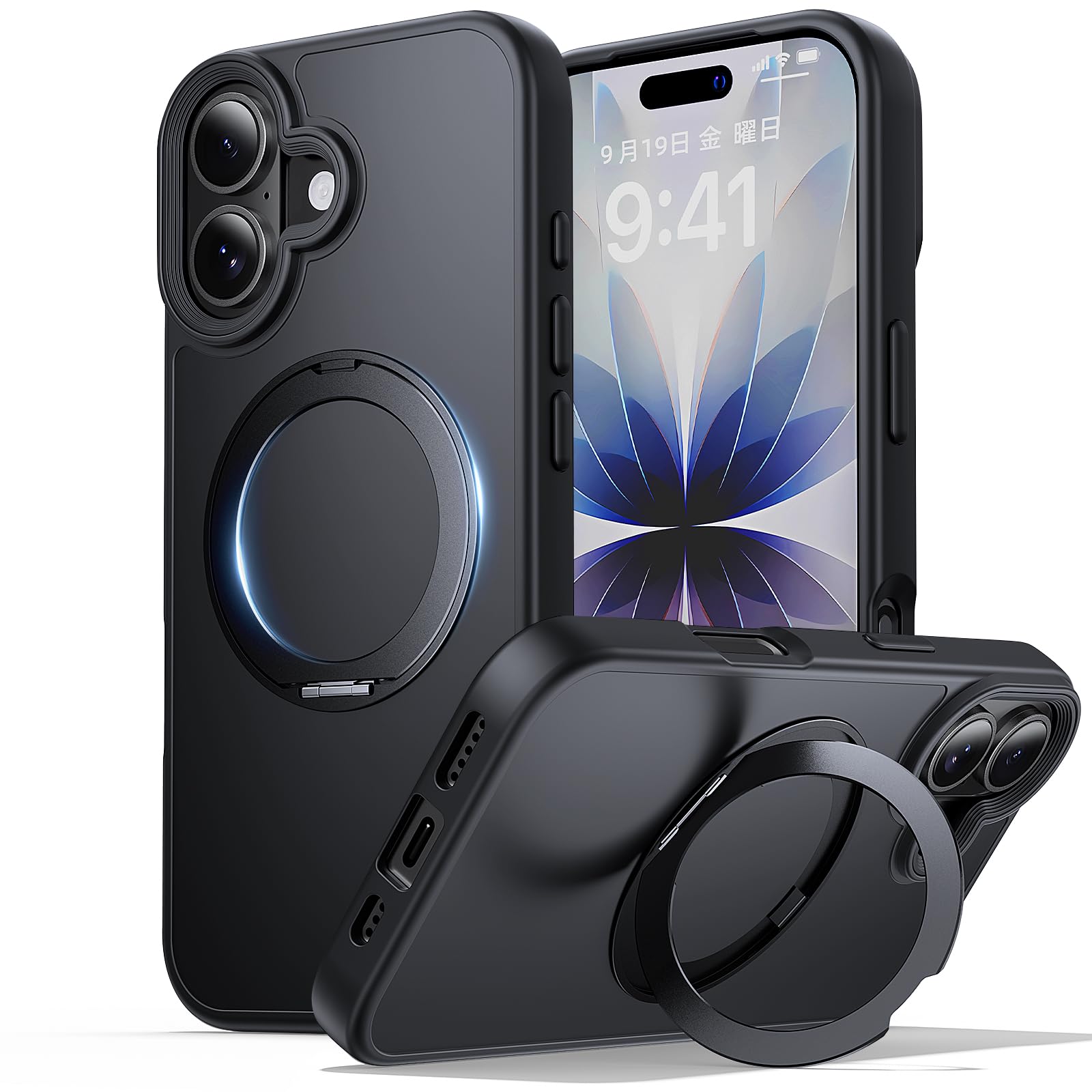 Sadalo iPhone 17 用 ケース MagSafe対応 リングスタンド付き ブラック