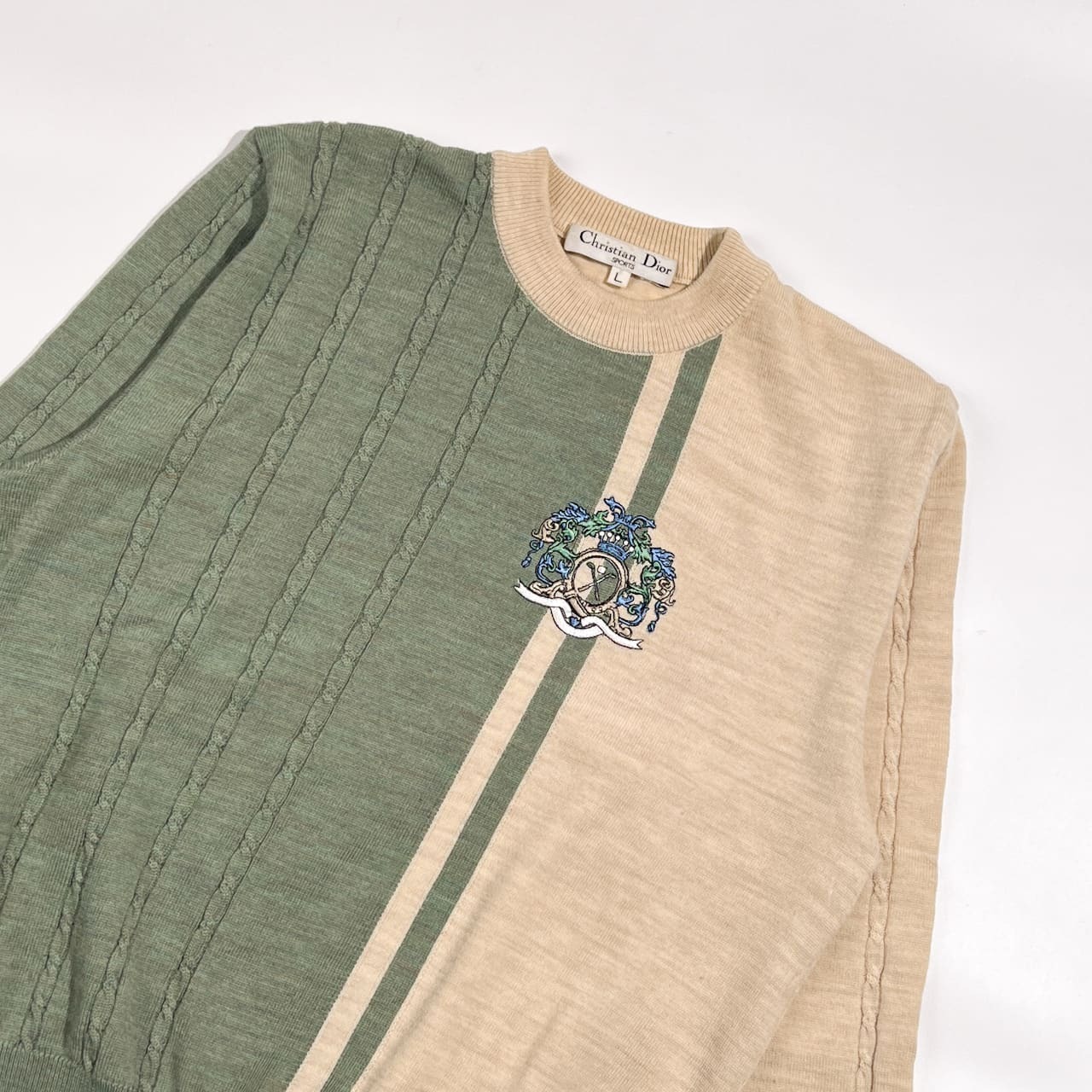 90s Christian Dior Sports クリスチャンディオール 刺繍 ケーブル編み ウール ニット セーター L/バイカラー レディース ゴルフ ビンテージ