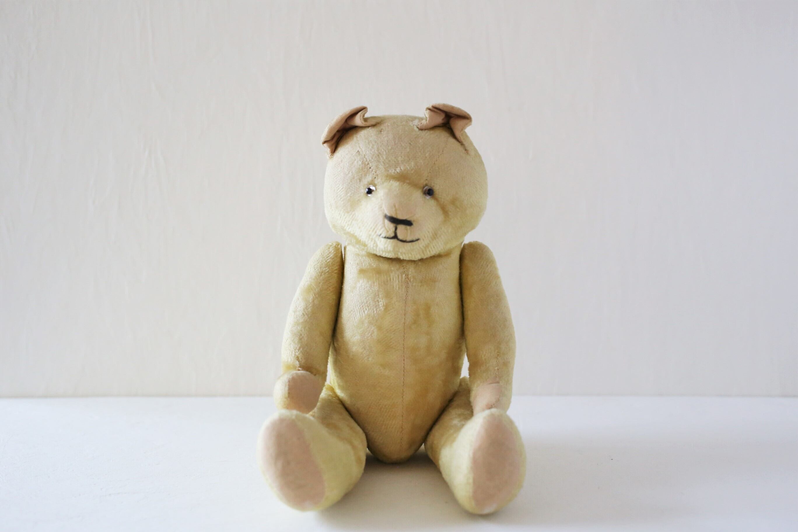 フランス アンティーク ヴィンテージ テディベア つぶらな瞳のイエローゴールドベア 38cm N-03488