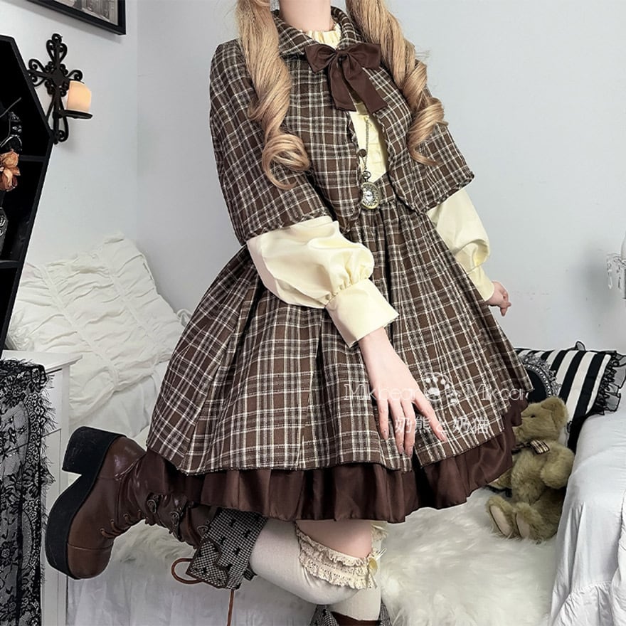 セットアップ 5点セット チェック柄 帽子 ケープ付き クラシカル