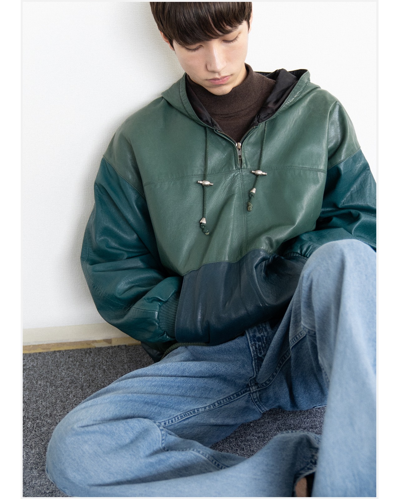 SAXONY green leather hooded half zip jacket