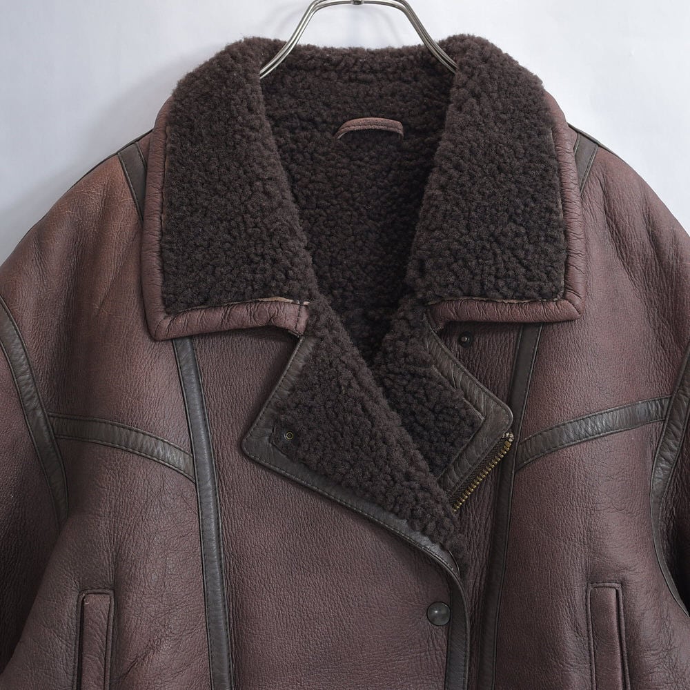 90s~ LEATHER WORKS ムートン コート 本革 レザージャケット ランチコート シアリングコート ヴィンテージ アウター 羊革 シープスキン ブラウン ビンテージ 古着 レディースXXL相当