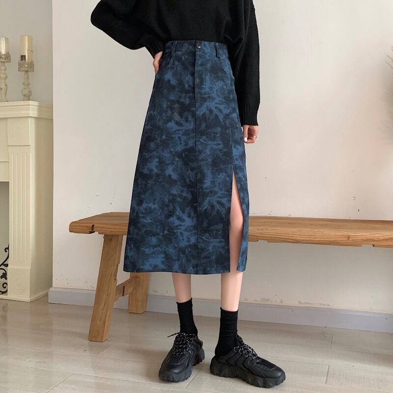 スカート スプリングオータムスタイルスリットスタンダードハイウェストウェスト薄手Aライン レトロ 春物 秋物 YY-ファッション46302034681