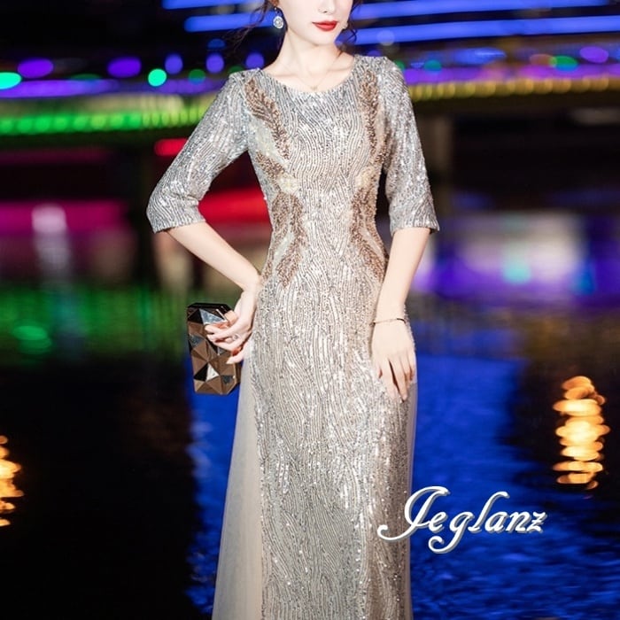 華やか パーティ イブニングドレス スパンコール 光沢感 7分袖(M8374)ζ