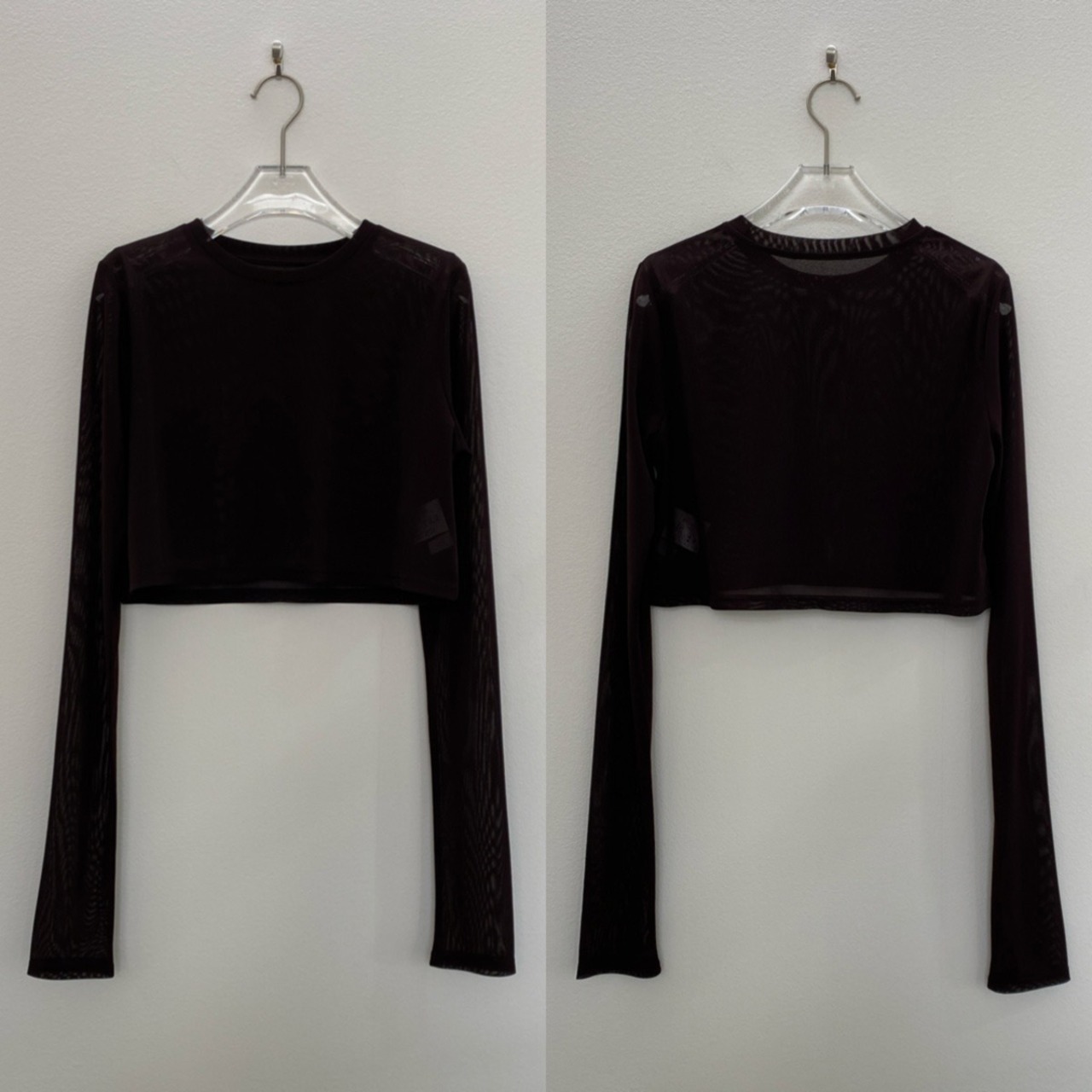 crew neck tulle sheer short tops/brown