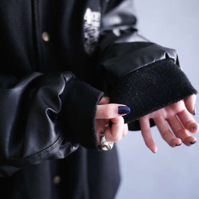 switching vinyl leather front and back embroidery patch over size stadium blouson